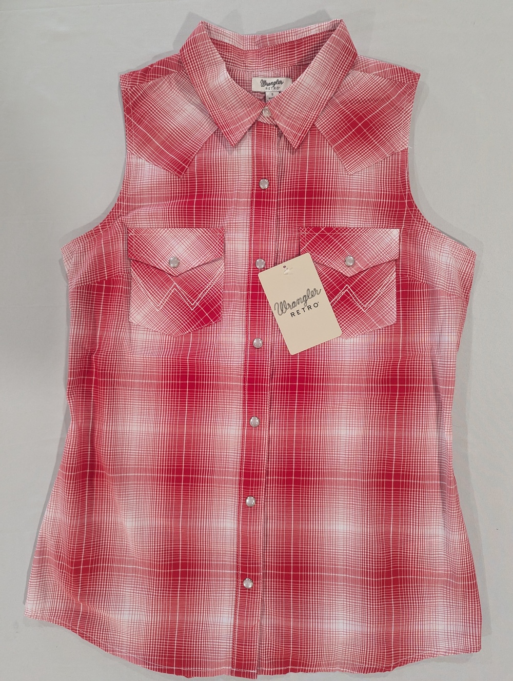 Wrangler Retro Shirt Womens S Red Plaid Sleeveless Western Pearl Snap Top Casual